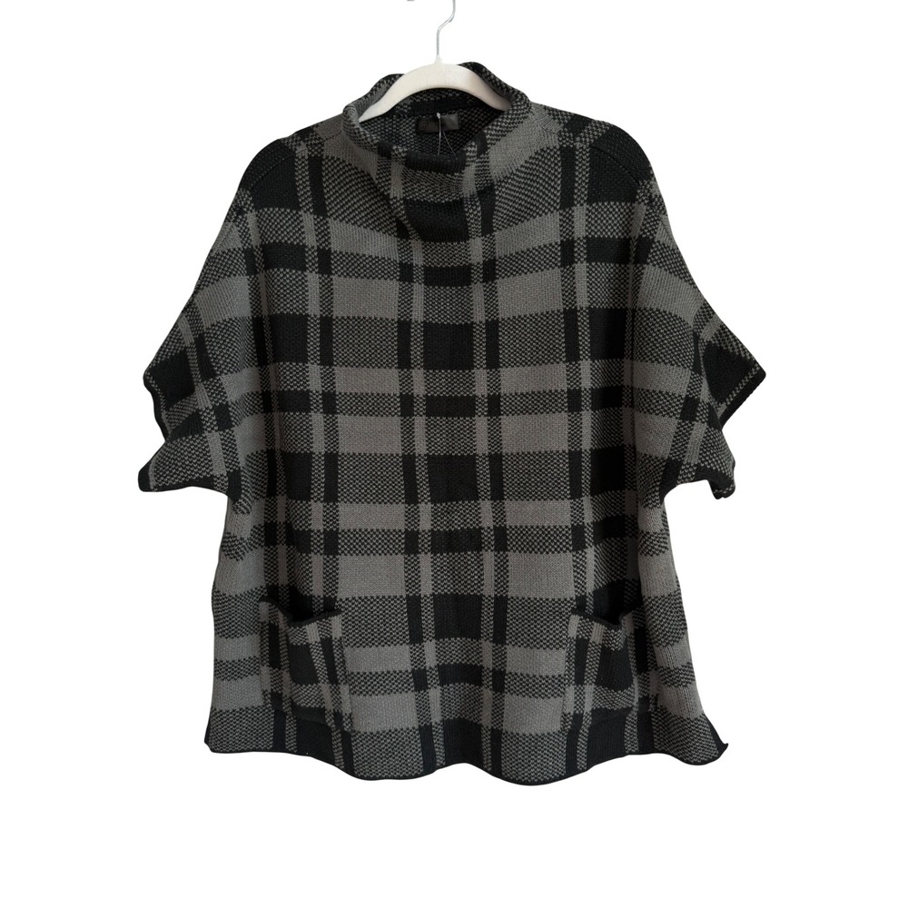 Janice Apparel Women's Gray Black Plaid Mock Neck Poncho Sweater Pockets OS NEW
